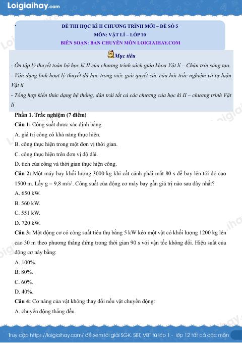 Đề thi học kì 2 Vật lí 10 Chân trời sáng tạo - Đề số 5